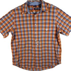 Chaps Mens XL Orange Blue Plaid‎ Short Sleeve Button Down Easy Care Shirt M437